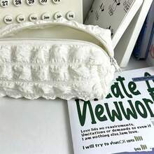 1pc Cloud Ruffled Texture Pencil Case Solid Black White Color Large Capacity Zipper Pen Bag Soft Fluffy Aesthetic Stationery Pouch Portable Multifunctional Cosmetic Makeup Storage Bag Sweet Minimalist School Supplies, Back To School - Pencil Case - View 4