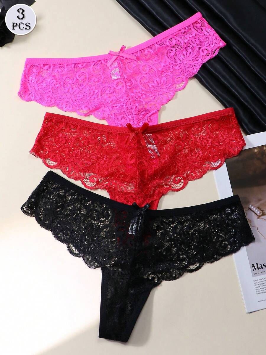 3pcs/Set Sexy Lace Thong Low Waist Panties For Women - Multicolor - View 1