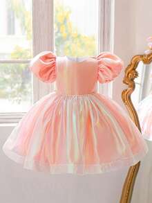 Young Girls Puff Sleeve Faux Pearl Dreamy Colorful Organza Party Dress, Suitable For Stage And Runway, Fabric Pattern Randomly Cut, Headband Not Included - Baby Pink - View 3