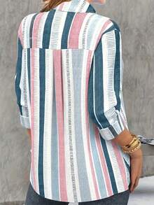 Plus Size Striped Print Button-Down Collar Shirt Casual - Blue - View 4