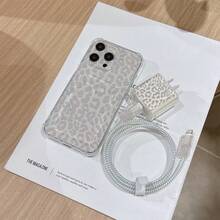 6件組皮革紋豹紋手機殼 + 充電頭保護套 + 數據線保護套 + 收納繩 + 數據線保護繩 TPU 防摔保護殼，相容 iPhone 6 7 8 XXs XR XS Max 11 12 13 14 15 16 17 Pro Max，適合作為情侶、女性、女兒、男朋友、女朋友、青少年女孩的生日與聖誕禮物 - 彩色 - 查看 2