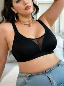 Sömlös svart bh för kvinnor i plus size med djup V-ringning, låg urringning, transparent meshlapp, breda justerbara axelband och full kupstöd - Svart - Visa 5