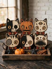 6pcs/1pc Vintage Halloween Indoor Decor, 15cm/5.91in Halloween Cat Wooden Shelf Decor Blocks, Skull, Black Cat, Primitive Style Halloween Decoration, Housewarming Gift, Gothic Style Wooden Cat Head, Handmade Distressed Antique Skull Cat Head, Indoor Decoration, Vintage Wooden Block Shelf Decor, 6 Styles Available, Collectible Figurines - Multicolor - View 20