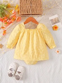 Baby Girl Pale Yellow 3D Floral Dress, Square Neck Puff Long Sleeve With Ruffle Cuffs, Sweet Casual One-Piece Dress For Spring And Autumn - Yellow - View 3