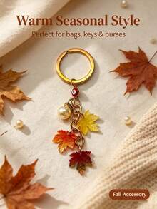2pcs Vintage Gold Maple Leaf Keychain, Personalized Pearl Evil Eye Bag Charm Pendant. Suitable For Backpack Charm, Daily Bag Decoration, Holiday Party Gift, Back To School Gift, Women's Keychain, Car Keychain, Keychain Making Material, Backpack Charm Keychain, Keychain Pendant, Keychain Coin Purse, Bulk Keychain, Keychain Set, Keychain Accessories - Multicolor - View 3