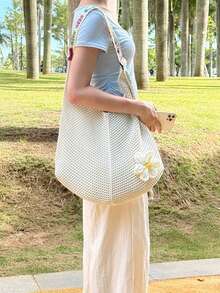 Crochet Floral Decor Colorful Square Crochet Strap Knit Shoulder Bag Open Closure Spacious Convenient Access Suitable For Travel Vacation Outing Commute Shopping - Beige - View 4