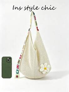 Crochet Floral Decor Colorful Square Crochet Strap Knit Shoulder Bag Open Closure Spacious Convenient Access Suitable For Travel Vacation Outing Commute Shopping - Beige - View 3