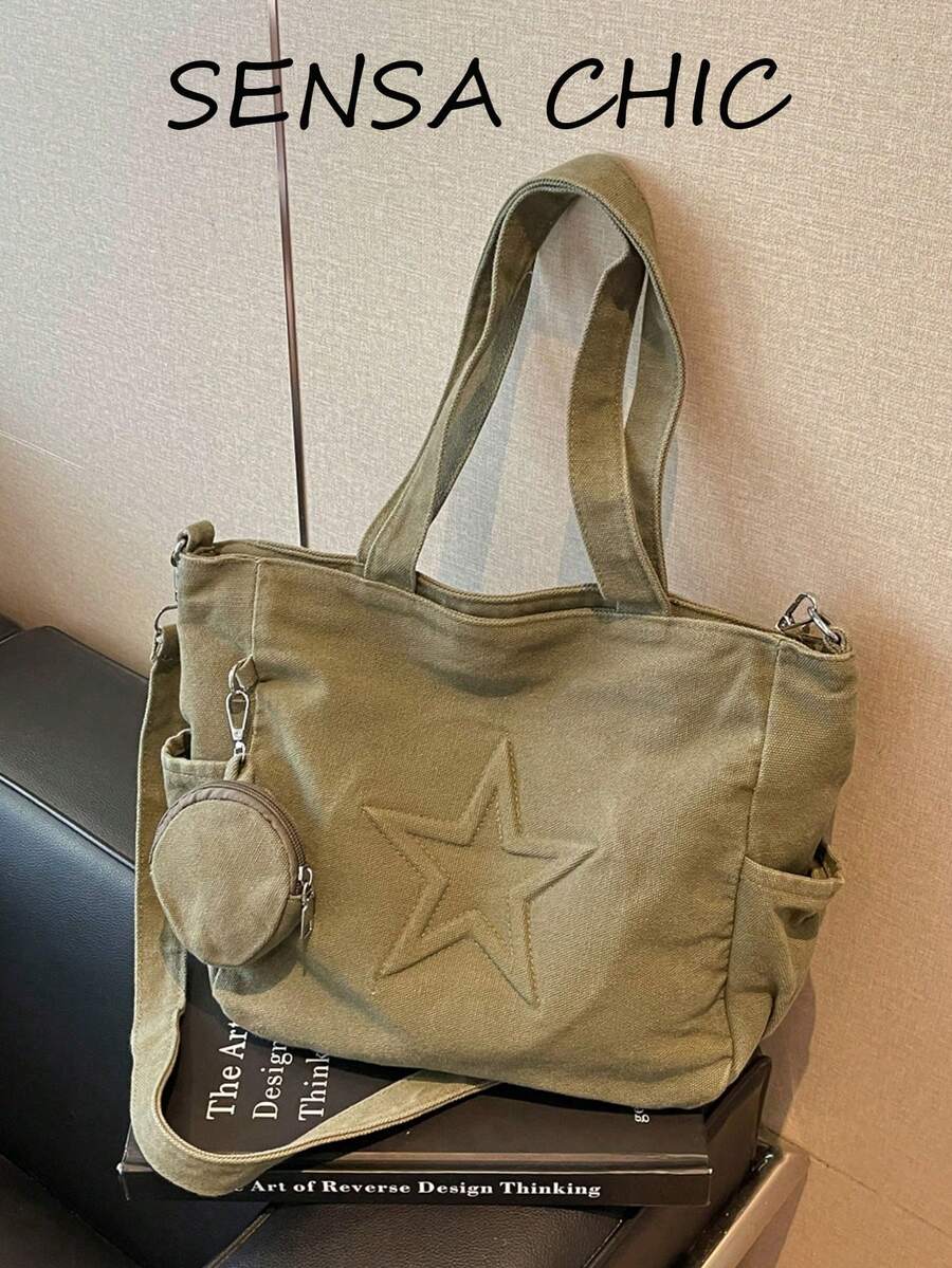 五角星壓紋工藝結合柔軟材質，休閒風手提斜跨托特包，女款日常出行包，雙手提搭配可調節斜跨肩帶多用途托特包