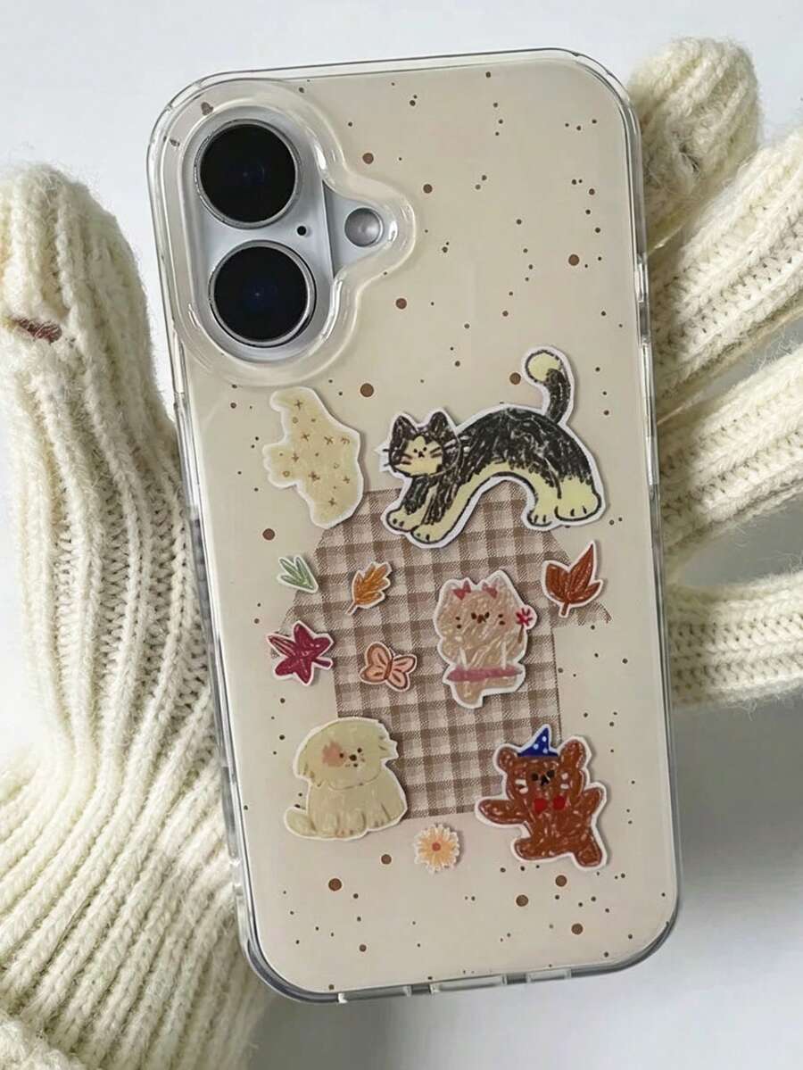 1PC Ins Autumn Cat Plaid Maple Leaf IMD Full Coverage Anti-Drop PC Phone Case Compatible With Apple 11 Pro Max/12 Pro Max/13 Pro Max/14 Pro Max/15 Pro Max/16 Pro Max/17 Pro Max - Multicolor - View 1