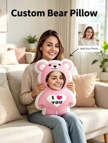 1pc Customized Photo Pillow Cushion Personalized Design Fun - Double-Sided Photo Printing, Soft And Interesting Fabric, Ideal Gift For Birthday And Holidays - Pink Bear - View 3