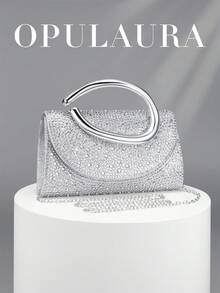 OpulAura 復古純色手拿包，百搭小手提包，時尚亮面水鑽女款包，適合婚禮、派對、舞會、晚餐等場合 - 銀色 - 查看 2