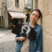 French Black & White Portrait Slogan Kung Fu Folding Fan, Personalized French Print Cool Foldable Fan, Outfit & Photography Prop - Multicolor - View 2