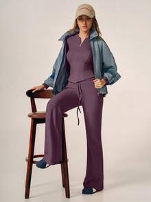 TimeOff Women's One Set Autumn/Winter Solid Color Stand Collar Zipper Long Sleeve Drawstring Waist Flare Pants Sports Set - Purple - View 5