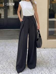 1pc Women's Striped Pleated Straight Leg Pants, Business Commute, Casual , Striped Ruffle/Frill Hem Straight Leg Pants Black - Black - View 1