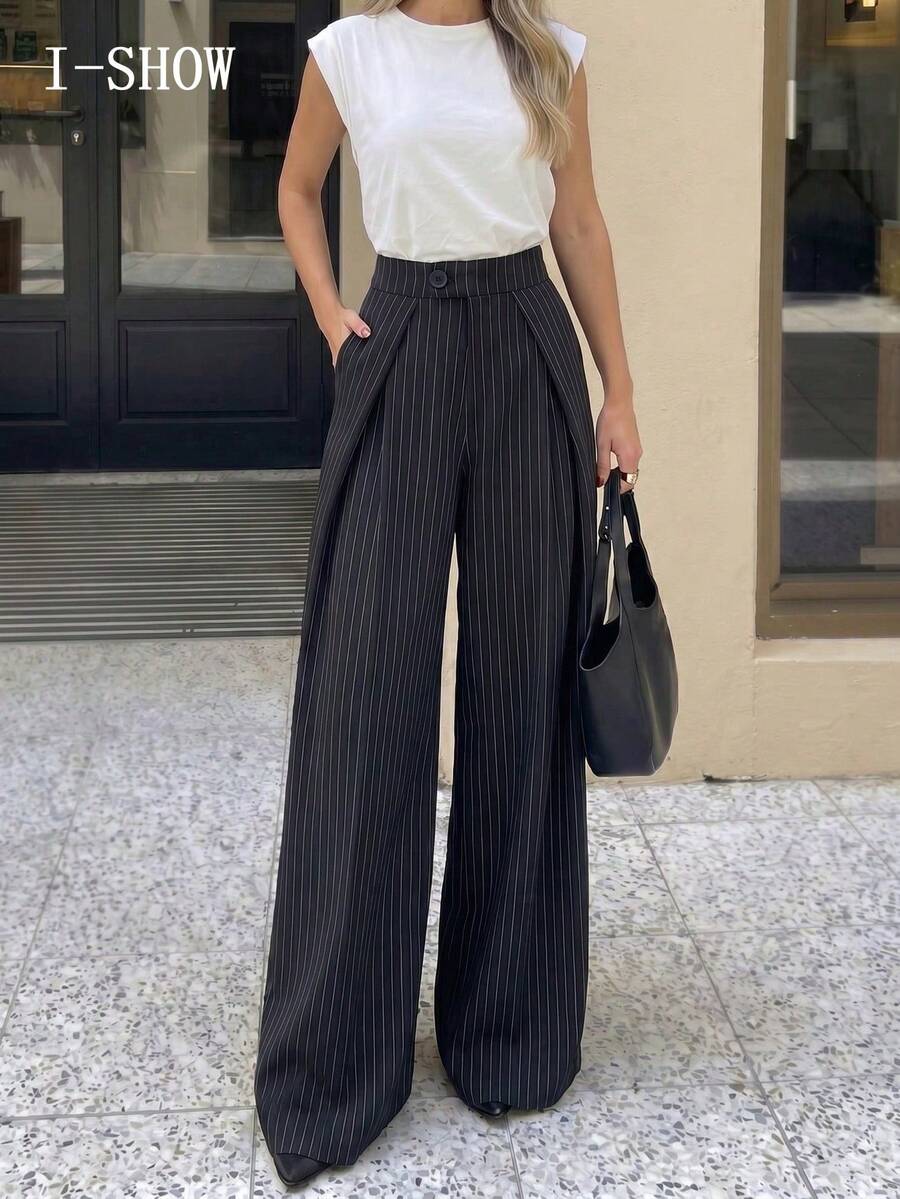 1pc Women's Striped Pleated Straight Leg Pants, Business Commute, Casual , Striped Ruffle/Frill Hem Straight Leg Pants Black - Black - View 1