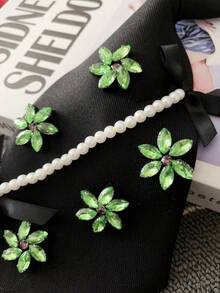 Green Rhinestone Flower Pearl Chain Black Tie-Less Necktie, Niche Personalized Women's Decorative Necktie - Green Rhinestone Floral Design - View 6