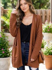 CILKOO Autumn/Winter Casual Solid Color Double Pocket Open Front Jacket - Brown - View 3