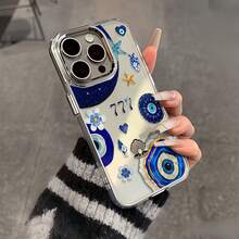 1pc Electroplated Metal Button Transparent Minimalist Personalized Shell Blue Eye 777 Pattern Phone Case Compatible With IPhone 16 Pro Max/17/16/15/14 Plus/13/12/11 Protective Case Air - Multicolor - View 2