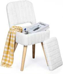 Vanity Stool With Storage & Foldable Backrest, Faux Rabbit Fur Makeup Chair With 4 Solid Wood Legs, Soft Ottoman Bench For Bedroom, Closet & Living Room, 11.4"D X 14.9"W X 28.7"H - White - View 10