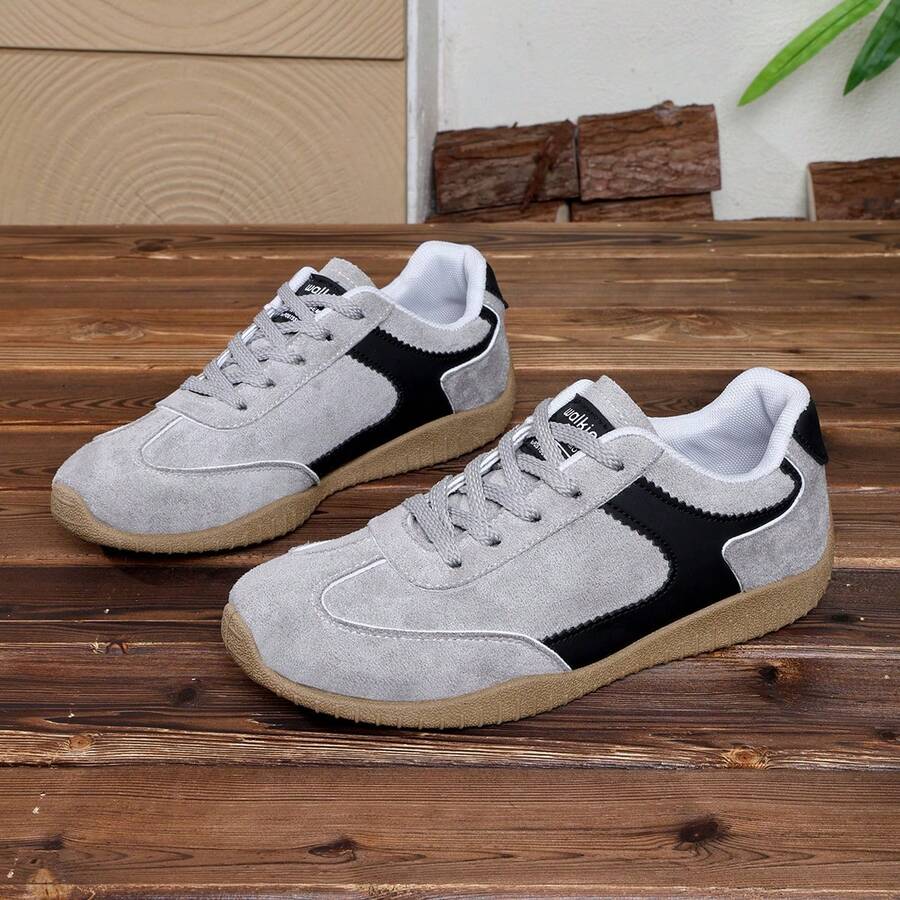 Women's Retro Lace-Up Flat Sneakers, Casual Lightweight T-Trainer Daily Shoes - Grey - View 1