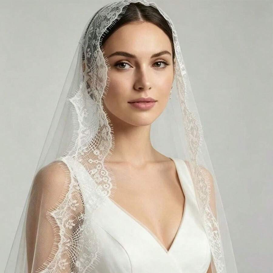 3 Meters Long Mantilla Lace Wedding Veil, White Spanish French Style Bridal Veil, Extra Long Cathedral Train Bridal Headpiece For Wedding Ceremony - Multicolor - View 1