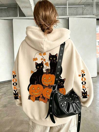 Cat Pumpkin Letter Print Sweatshirt, Plus Size Women's Casual Autumn/Winter Long Sleeve Pocket Hooded Sweatshirt, Suitable For Winter Holiday, Beach, Vacation, Autumn, Halloween, Christmas, New Year Outfits. Suitable For Daily Wear, Outing, Outing, Holiday, Beach, Party, Birthday, Beach, Gathering, School, Music Festival, Vacation, Commute, Fitness, Wedding, New Year, Fashion, Winter Top, Women's Autumn Outfit, Holiday Clothing