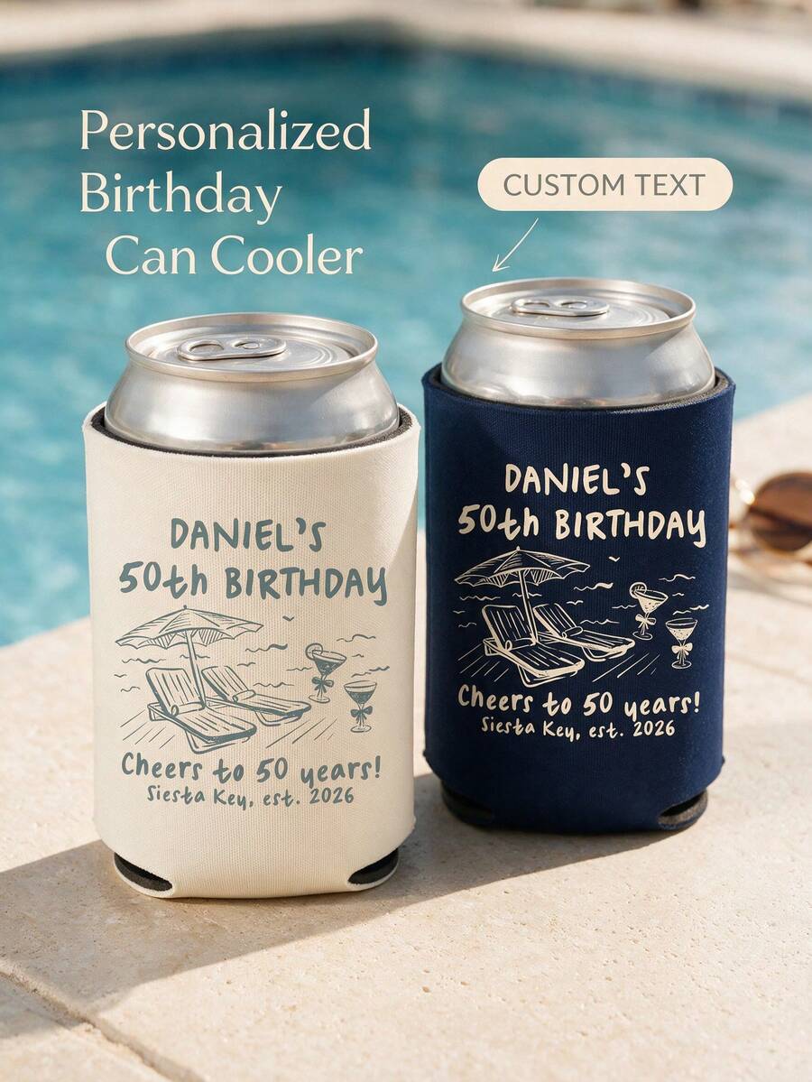 1pc Personalized Birthday Can Cooler, Custom Text Can Sleeve, Beach Party Drink Holder, Milestone Birthday Favor. - Multicolor - View 1