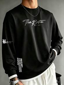 Men's Spring/Autumn Fashion Versatile Comfortable Multiple English Print 2 In 1 Crew Neck Long Sleeve T-Shirt - Black - View 1