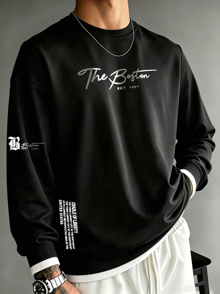 Men's Spring/Autumn Fashion Versatile Comfortable Multiple English Print 2 In 1 Crew Neck Long Sleeve T-Shirt - Black - View 1