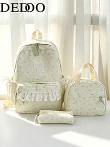 Dedoo 3pcs Backpack, Lunch Bag, Pencil Case Set, All-Over Floral Print, Waterproof Lace Trim Multi-Zipper Pockets, Large Capacity Storage, Suitable For Teenagers School Daily Use - Mint Green - View 2
