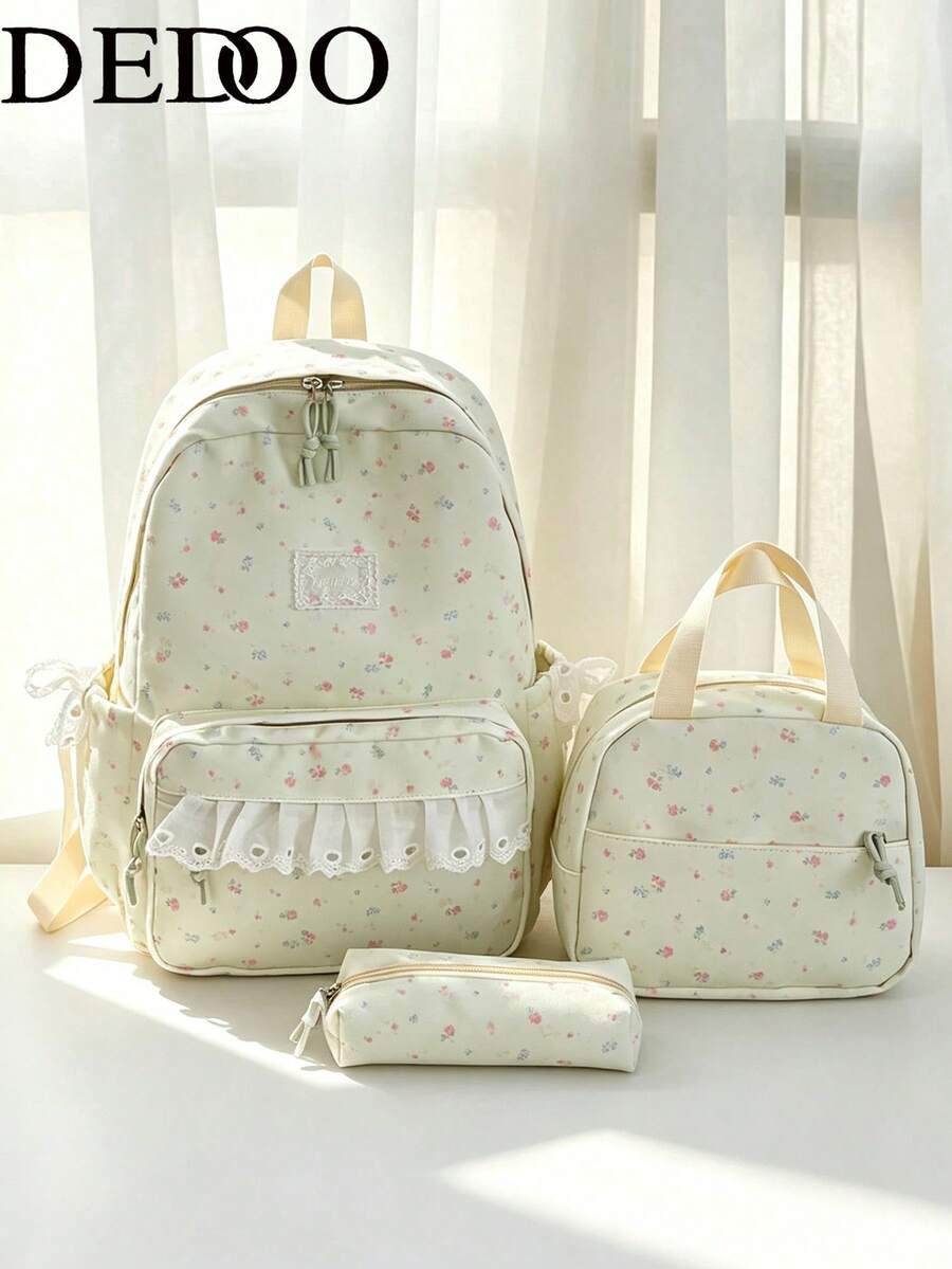 Dedoo 3pcs Backpack, Lunch Bag, Pencil Case Set, All-Over Floral Print, Waterproof Lace Trim Multi-Zipper Pockets, Large Capacity Storage, Suitable For Teenagers School Daily Use
