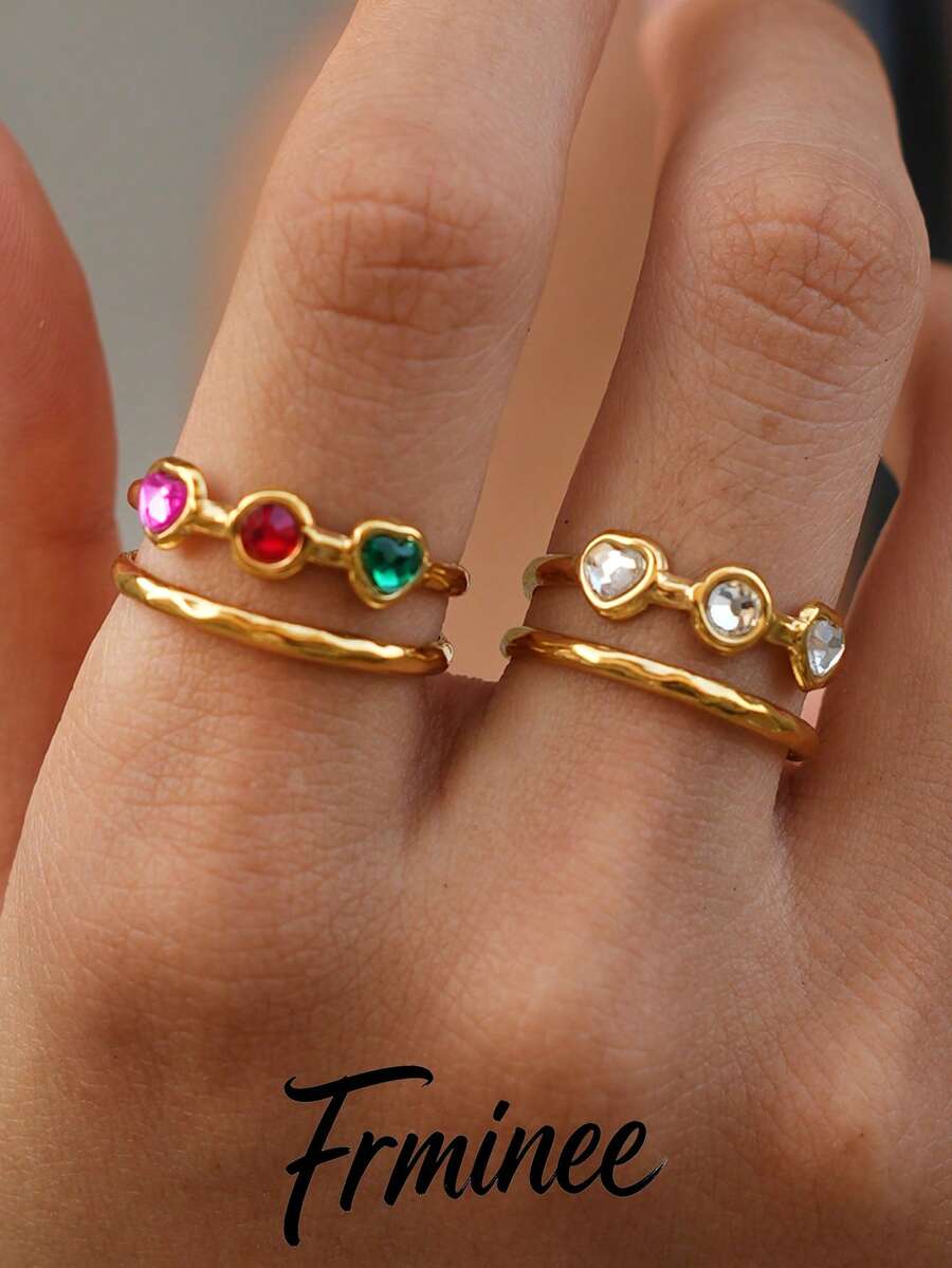 Frminee 2 Stücke/1 Stück 18K vergoldeter Edelstahl Doppelschicht offener Ring, bunter Herz-Kubikzirkonia verstellbarer Ring, wasserfest, nicht verblassend, exquisiter Statement-Schmuck - Verschiedenfarbig - Übersicht 1