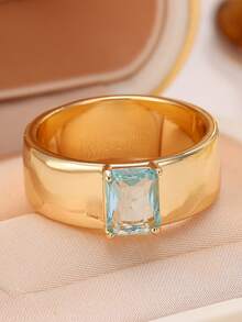 1 Buah Cincin Wanita Warna Emas Pita Lebar Persegi dengan Batu Zirkonia Kubik Biru Muda, Perhiasan Jari Minimalis Tebal Warna Tembaga, Hadiah Perhiasan Jari - cincin geometris - View 3