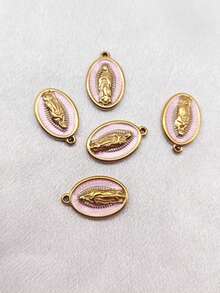 5/10pcs Stainless Steel 18K Gold Plated Oil-Drip Vintage French Portrait Virgin Mary Oval Pendant Set - Pink - View 6