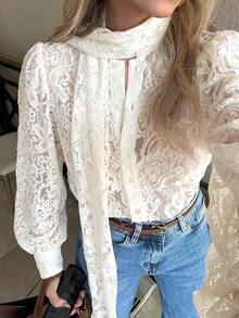 Floral Hollow Lace Pattern Button & Scarf Tie Decor V-Neck Hollow Puff Long Sleeve Casual Blouse Paired With Straight Leg Jeans White - White - View 8