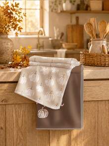 2pcs Minimalist Autumn Pumpkin Pattern Kitchen Towels, Soft Polyester Dish Cloths, Suitable For Kitchen Decor, Kitchen Cleaning, Holiday Party Decoration, Kitchen & Bathroom Supplies, Home Essentials, Home Decor, Housewarming Gift - Multicolor - View 6
