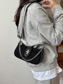 Retro Patch Chain Bag For Women, Simple Lock Clasp, Underarm Bag, Versatile Shoulder Bag, Casual, Can Be Slung, Women's Bag - Black - View 3