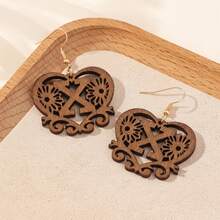Women's Personalized Initial Wooden Earrings, Hollow Heart Daisy Flower Pattern 26 Letter Dangle Earrings - Brown - View 29