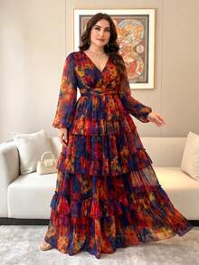 Plus Size Women's New Elegant Romantic Floral Patchwork Design Swing Dress Vacation - Multicolor - View 2