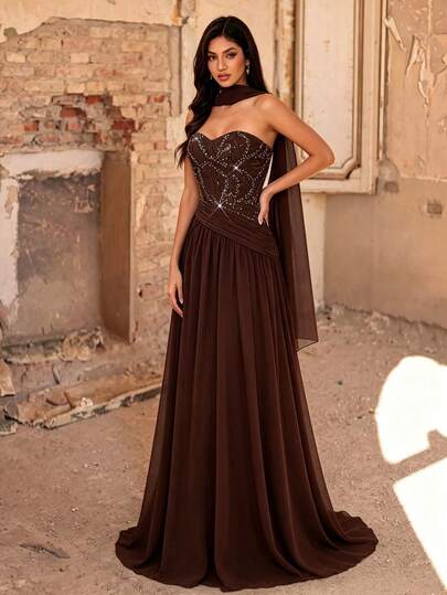 Summer/Fall Elegant Sequin Embroidered Chiffon Evening Gown, Sweetheart Strapless Cape A‑Line Formal Maxi Dress For Party Wedding Festival