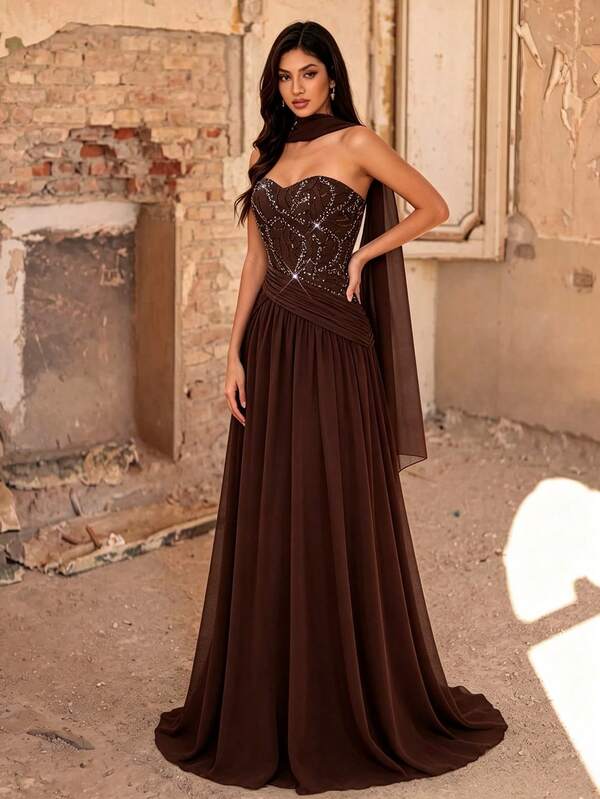 Summer/Fall Elegant Sequin Embroidered Chiffon Evening Gown, Sweetheart Strapless Cape A‑Line Formal Maxi Dress For Party Wedding Festival
