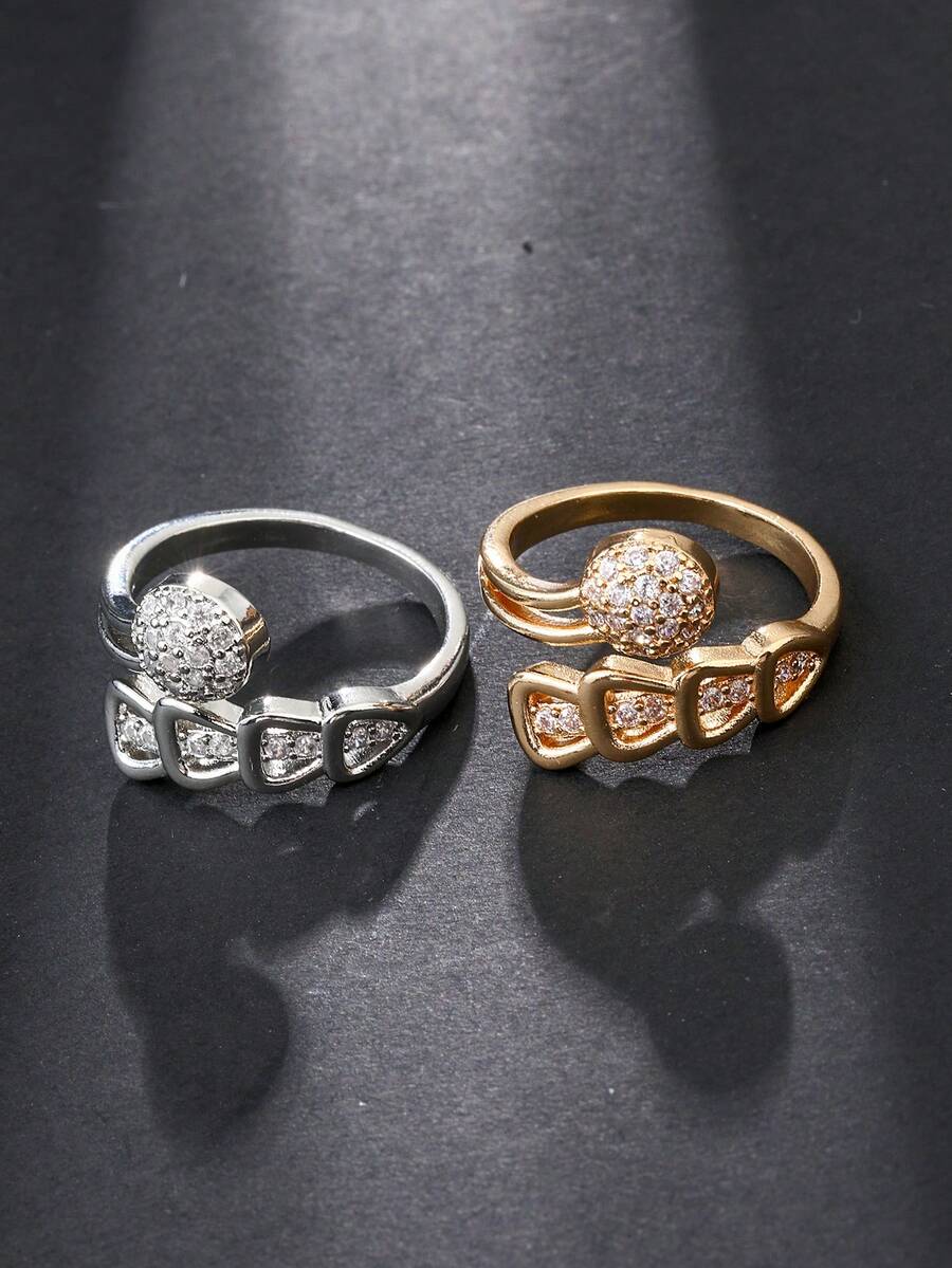 1pc Fashion Cubic Zirconia Round Ball Women's Ring, Gold/Silver Dual Color Optional, Open Adjustable Band, Suitable For Daily Wear, Evening Parties And Banquets - Ball Ring - View 1