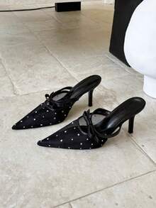 Women's Pointed Toe High Heel Shoes, Stiletto Heel, New Style Closed Toe Hollow Out Bow Knot Sandals, Versatile Low Vamp Pumps - Black - View 3
