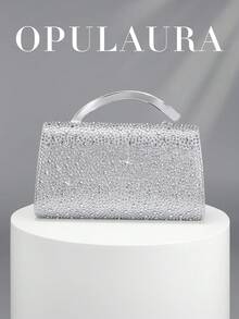 OpulAura 復古純色手拿包，百搭小手提包，時尚亮面水鑽女款包，適合婚禮、派對、舞會、晚餐等場合 - 銀色 - 查看 5