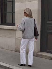 FOR BEAUTY Fall Winter Women Knit Tops Y2K Chic Grey V Neck Loose Pullover Sweaters Basic Business Casual Office Workwear Going Out Outfits - Light Gray - View 9
