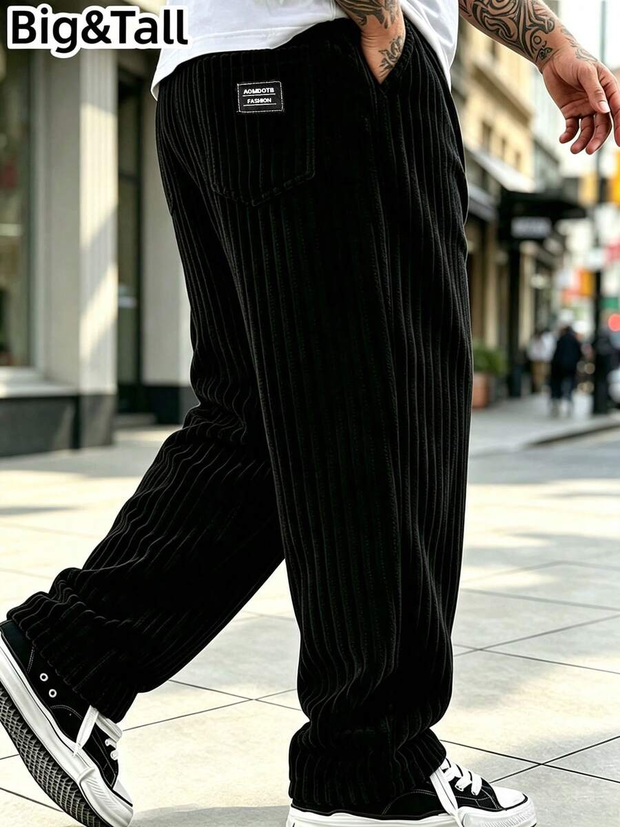 Plus Size Men's Thick Corduroy Long Pants, Comfortable Texture, Minimalist Label Decoration On Back Pocket, Suitable For Casual, Sports, Work Commute - Black - View 1