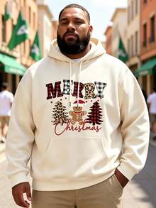 Plus Size Men's Beige Plaid Leopard Print Christmas Tree & Gingerbread Man Graphic Hoodie, Loose Fit Kangaroo Pocket Casual Pullover Sweatshirt - Multicolor - View 12