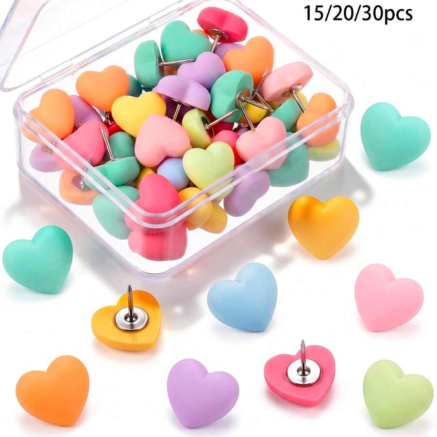 15/20/30Pcs Pastel Heart Thumb Tacks Decorative Pastel Heart Push Pins Colorful Cute Pushpin For Photo Wall Cork Board Bulletin Board Home Wall Pattern Decoration,Random Color - A - View 1