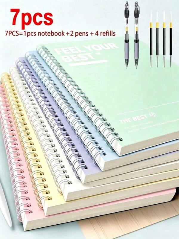 7-In-1 Stationery Set | A5 Hardcover Spiral Notebook, 0.5mm Ballpoint Pen And Refills, Smooth Writing And Detachable Pages, School And Office Supplies, Student Stationery, Daily Writing, Note Taking