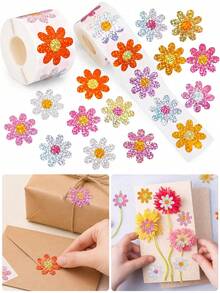 1pc Laser Colorful Flower Series Self-Adhesive Sticker, Shiny Flower Pattern Sticker. Christmas Gift Decoration Label. Inspirational Stationery Sticker. Perfect For Gift Wrapping And Sealing, As Well As Creative Office Stationery Decoration. - Multi-color - View 4
